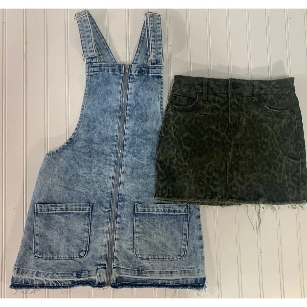 Tractr Skirt Dress Set Girls Medium Blue Olive Leopard Acid Wash Denim Y2K 2pc